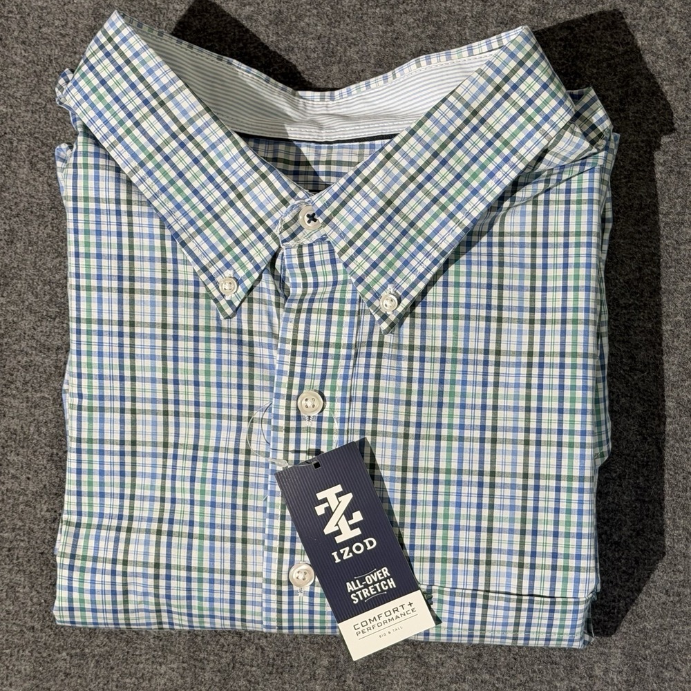 IZOD All-Over Stretch Long Sleeve Plaid Button-Down Dress Shirt 3XB Green/ Blue